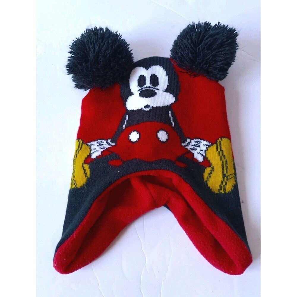Mickey Mouse Beanie Toddler Fleece Lined Red Pom Pom 9 Inches - Picture 1 of 8